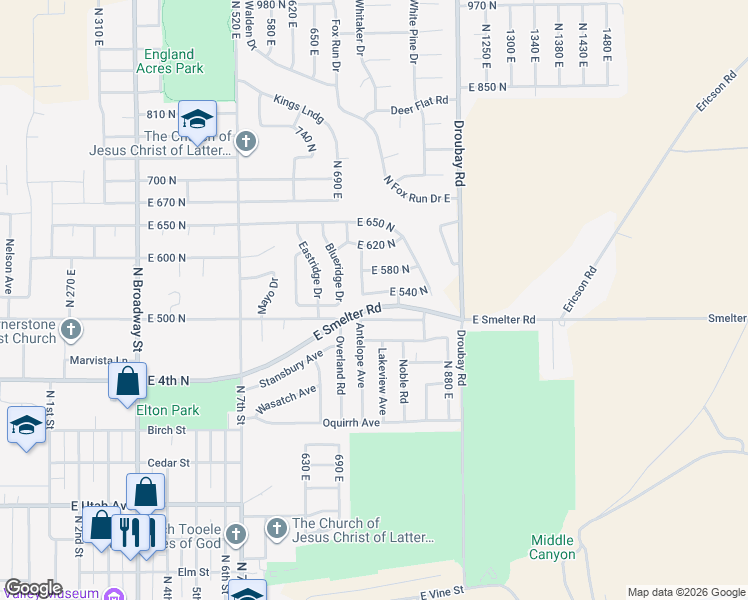 map of restaurants, bars, coffee shops, grocery stores, and more near 752 East 500 North in Tooele