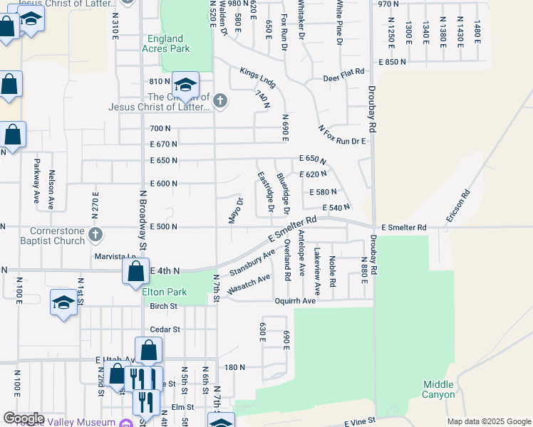 map of restaurants, bars, coffee shops, grocery stores, and more near 632 East 500 North in Tooele