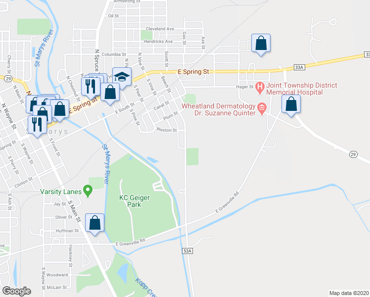 map of restaurants, bars, coffee shops, grocery stores, and more near 599 Beech Street in Saint Marys