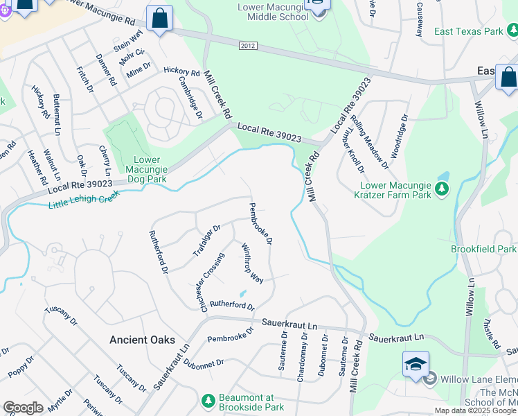 map of restaurants, bars, coffee shops, grocery stores, and more near 1877 Pembrooke Drive in Macungie