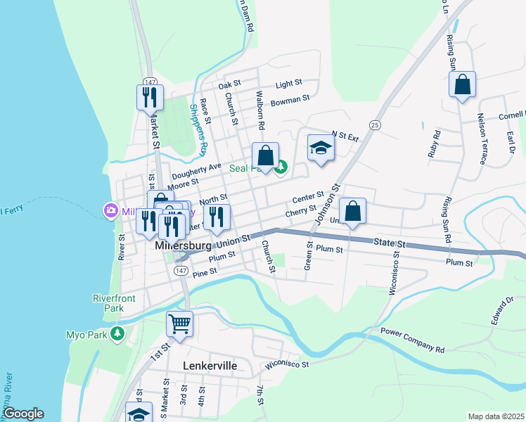 map of restaurants, bars, coffee shops, grocery stores, and more near 268 Church Street in Millersburg