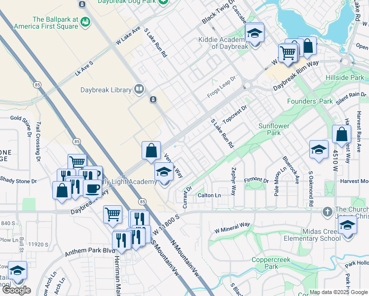 map of restaurants, bars, coffee shops, grocery stores, and more near 11566 South Grandville Avenue in South Jordan