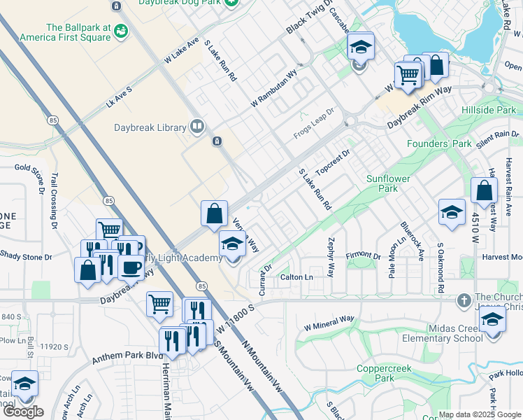 map of restaurants, bars, coffee shops, grocery stores, and more near 11566 South Grandville Avenue in South Jordan