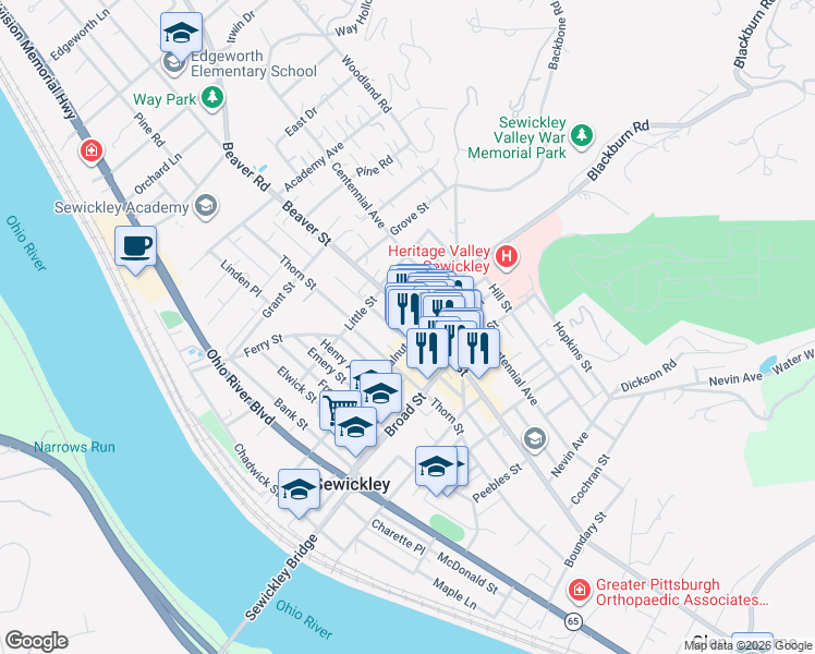 map of restaurants, bars, coffee shops, grocery stores, and more near 417 Walnut Street in Sewickley