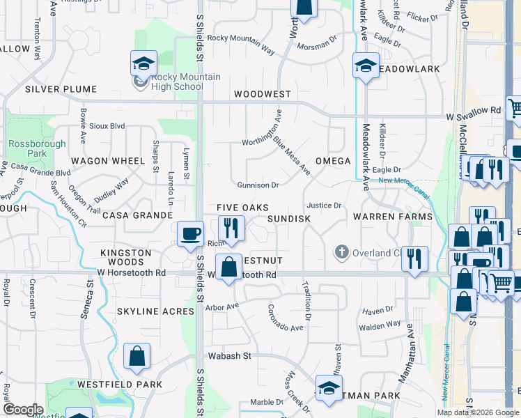 map of restaurants, bars, coffee shops, grocery stores, and more near 3425 Windmill Drive in Fort Collins