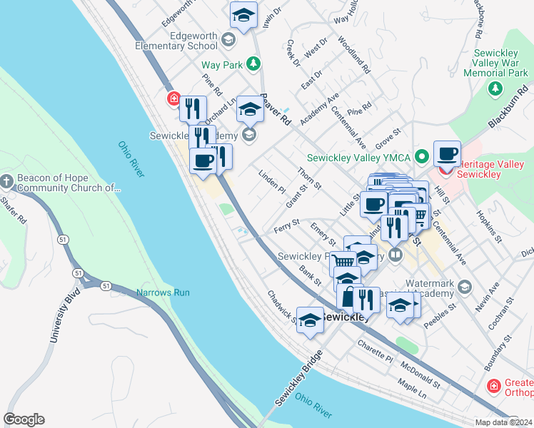 map of restaurants, bars, coffee shops, grocery stores, and more near 201 Grant Street in Sewickley