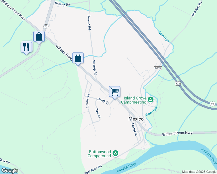 map of restaurants, bars, coffee shops, grocery stores, and more near 6395 William Penn Highway in Mifflintown