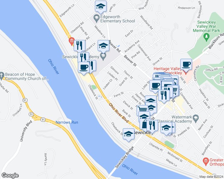 map of restaurants, bars, coffee shops, grocery stores, and more near 220 Grant Street in Sewickley