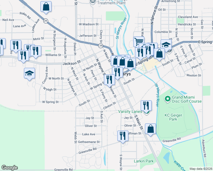 map of restaurants, bars, coffee shops, grocery stores, and more near 201 South Wayne Street in Saint Marys