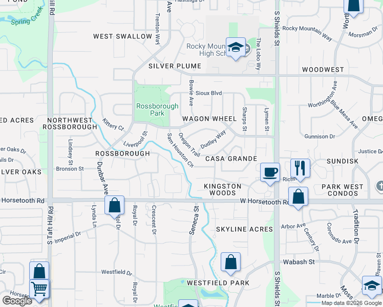 map of restaurants, bars, coffee shops, grocery stores, and more near 3419 Sam Houston Circle in Fort Collins