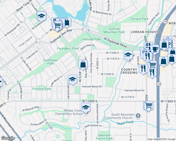 map of restaurants, bars, coffee shops, grocery stores, and more near 11598 Harvest Crest Way in South Jordan
