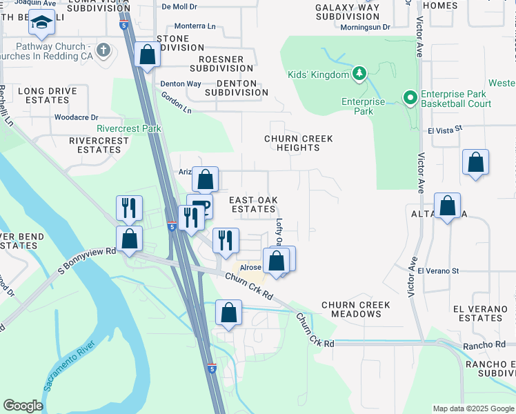 map of restaurants, bars, coffee shops, grocery stores, and more near 1271 Mighty Oak Lane in Redding