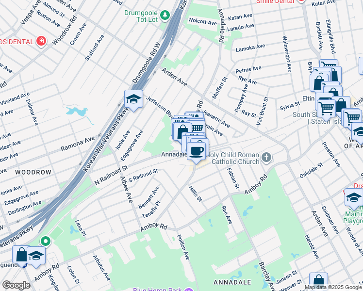 map of restaurants, bars, coffee shops, grocery stores, and more near 16 Jefferson Boulevard in Staten Island