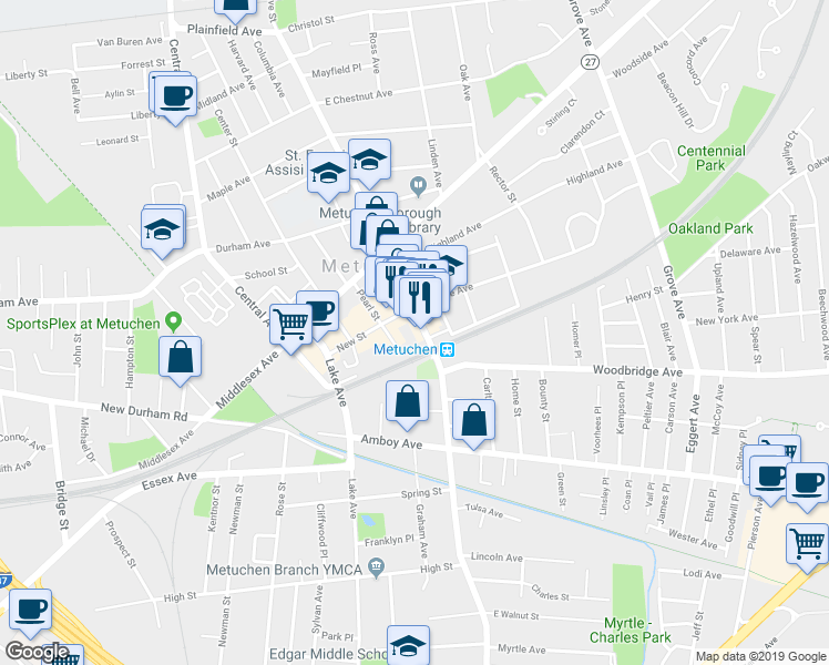 map of restaurants, bars, coffee shops, grocery stores, and more near 1 Pennsylvania Avenue in Metuchen
