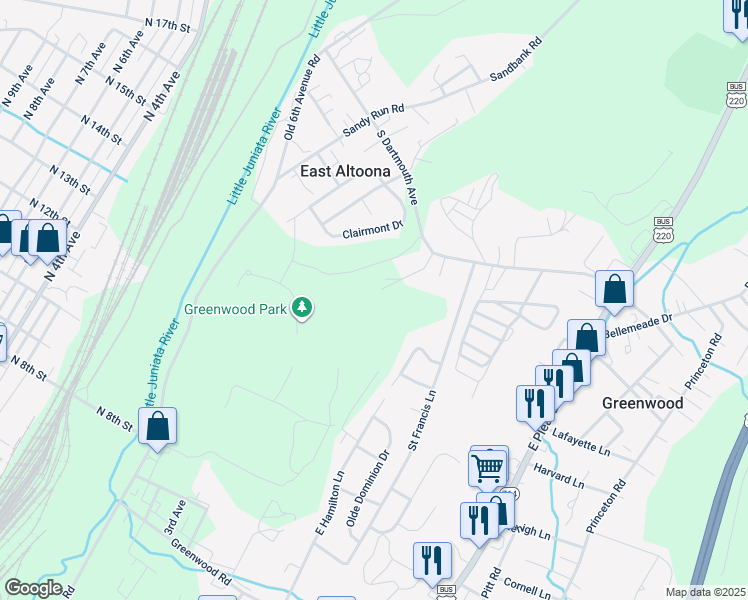 map of restaurants, bars, coffee shops, grocery stores, and more near 130 Ivan Lane in Altoona