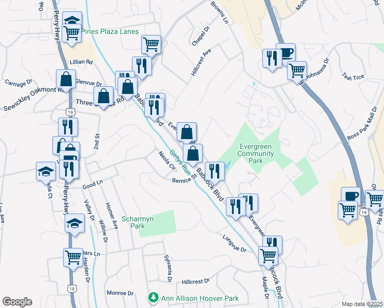 map of restaurants, bars, coffee shops, grocery stores, and more near 3447 Babcock Boulevard in Pittsburgh