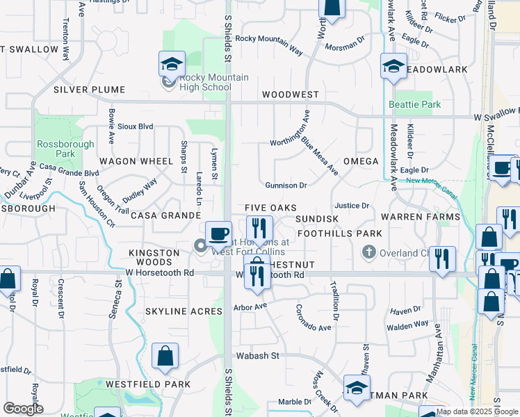 map of restaurants, bars, coffee shops, grocery stores, and more near 1032 Cunningham Drive in Fort Collins