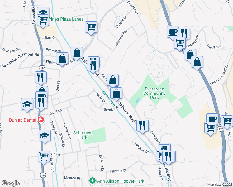map of restaurants, bars, coffee shops, grocery stores, and more near 3442 Babcock Boulevard in Pittsburgh