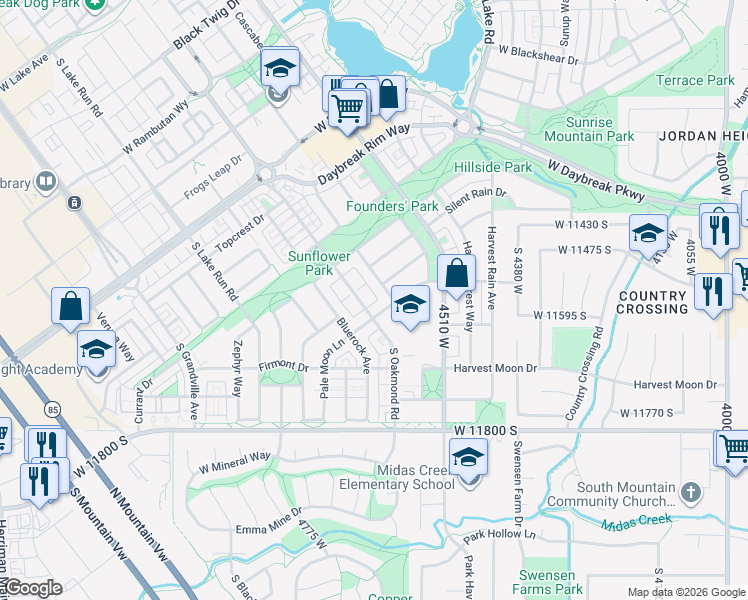 map of restaurants, bars, coffee shops, grocery stores, and more near 4654 Pale Moon Lane in South Jordan