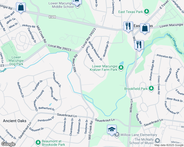 map of restaurants, bars, coffee shops, grocery stores, and more near 2049 Rolling Meadow Drive in Macungie