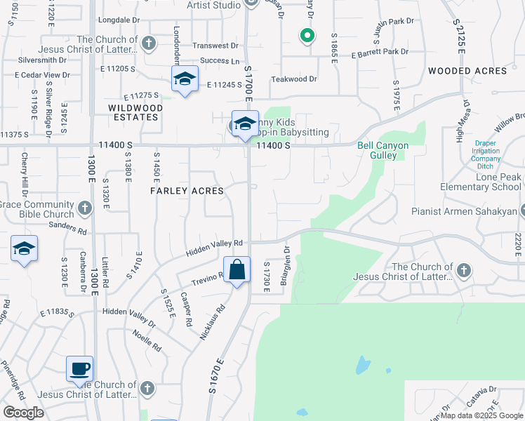 map of restaurants, bars, coffee shops, grocery stores, and more near 11613 South 1725 East in Sandy