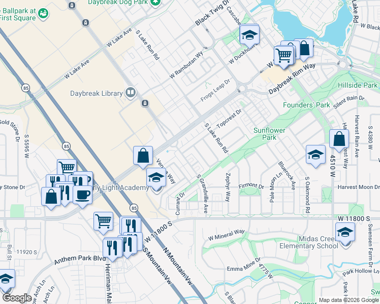 map of restaurants, bars, coffee shops, grocery stores, and more near 11598 Grandville Avenue in South Jordan