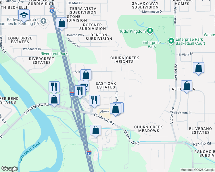 map of restaurants, bars, coffee shops, grocery stores, and more near 1271 Mighty Oak Lane in Redding