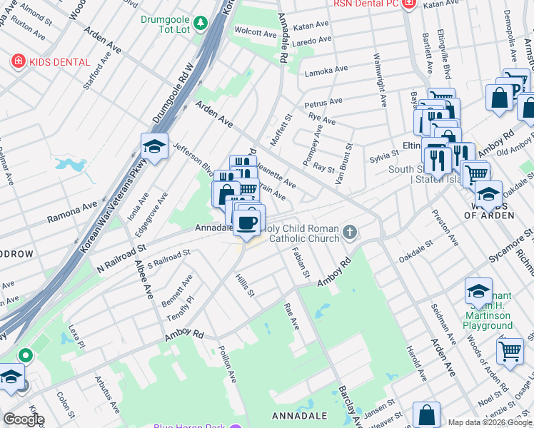 map of restaurants, bars, coffee shops, grocery stores, and more near 24 Sneden Avenue in Staten Island