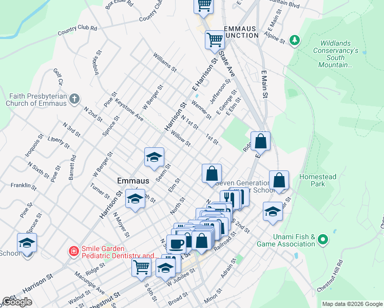 map of restaurants, bars, coffee shops, grocery stores, and more near 162 Elm Street in Emmaus