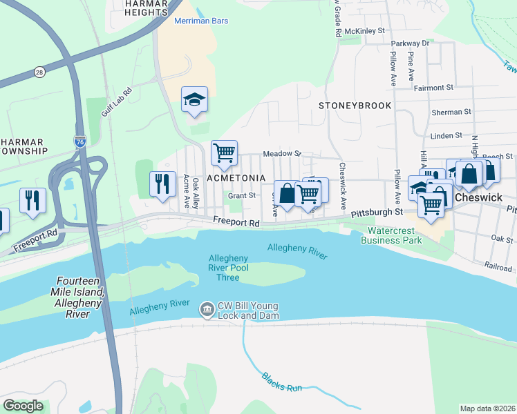 map of restaurants, bars, coffee shops, grocery stores, and more near 126 Jefferson Avenue in Cheswick