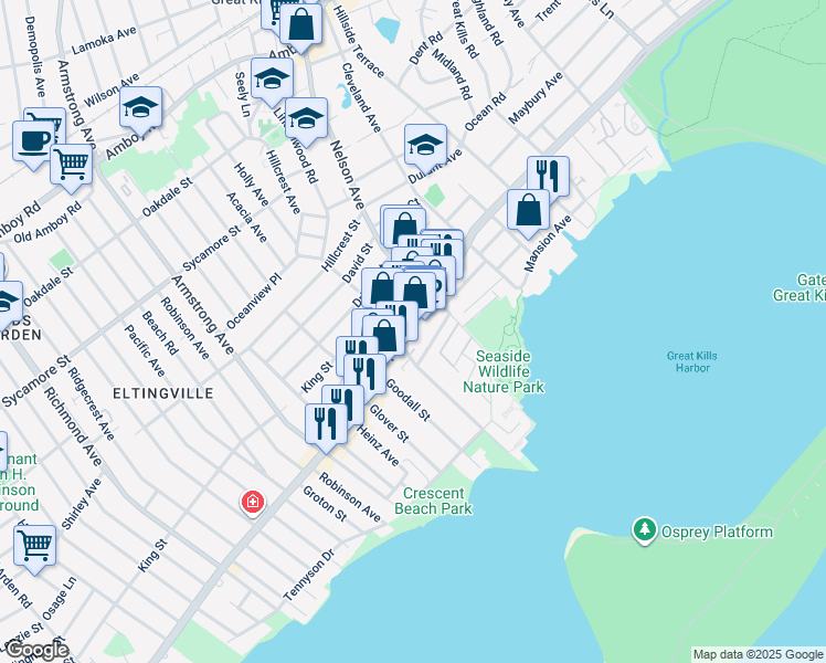 map of restaurants, bars, coffee shops, grocery stores, and more near 4015 Hylan Boulevard in Staten Island