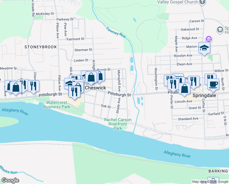 map of restaurants, bars, coffee shops, grocery stores, and more near 115 North Atlantic Avenue in Cheswick