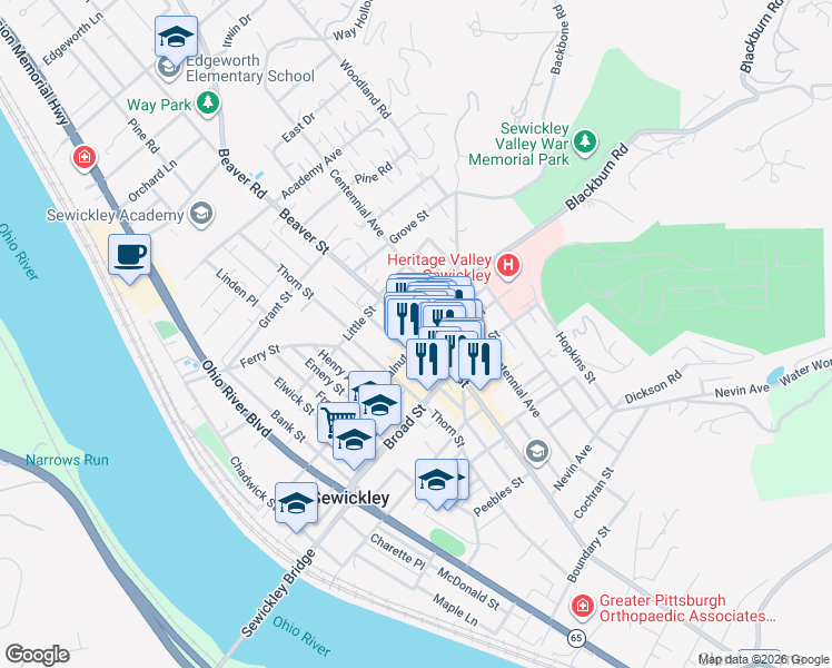 map of restaurants, bars, coffee shops, grocery stores, and more near 321 Beaver Street in Sewickley