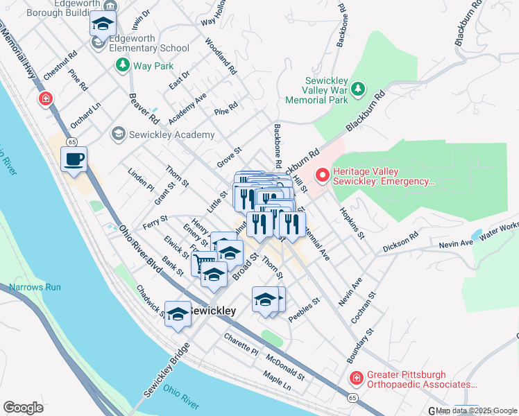 map of restaurants, bars, coffee shops, grocery stores, and more near 526 Blackburn Road in Sewickley