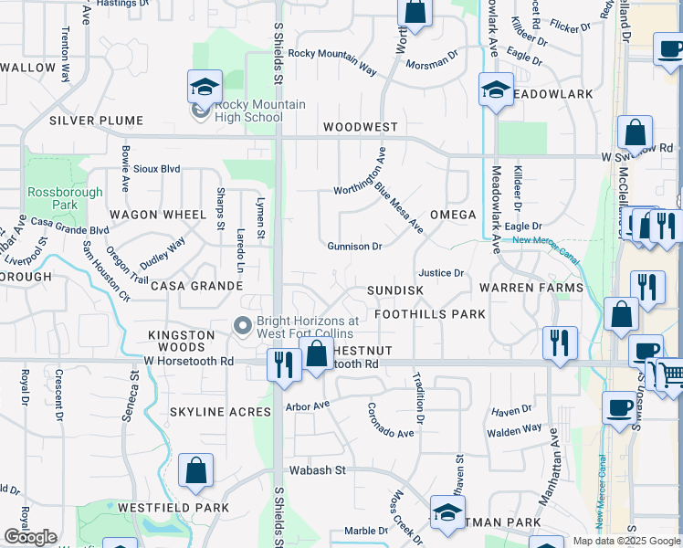 map of restaurants, bars, coffee shops, grocery stores, and more near 938 Richmond Drive in Fort Collins
