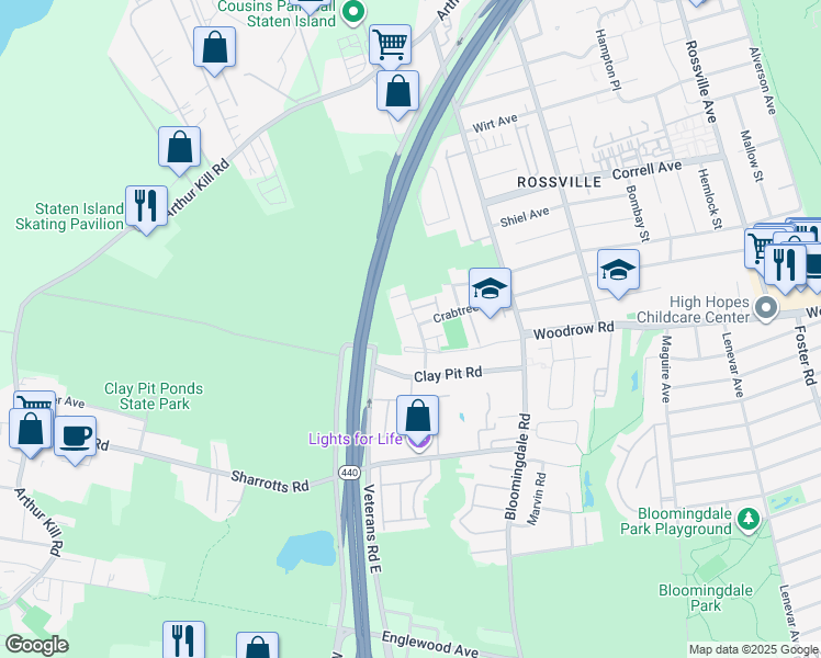 map of restaurants, bars, coffee shops, grocery stores, and more near 55 Plumtree Lane in Staten Island