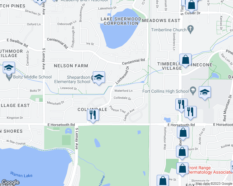 map of restaurants, bars, coffee shops, grocery stores, and more near 1613 Waterford Lane in Fort Collins