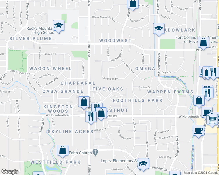 map of restaurants, bars, coffee shops, grocery stores, and more near 3306 Gunnison Drive in Fort Collins