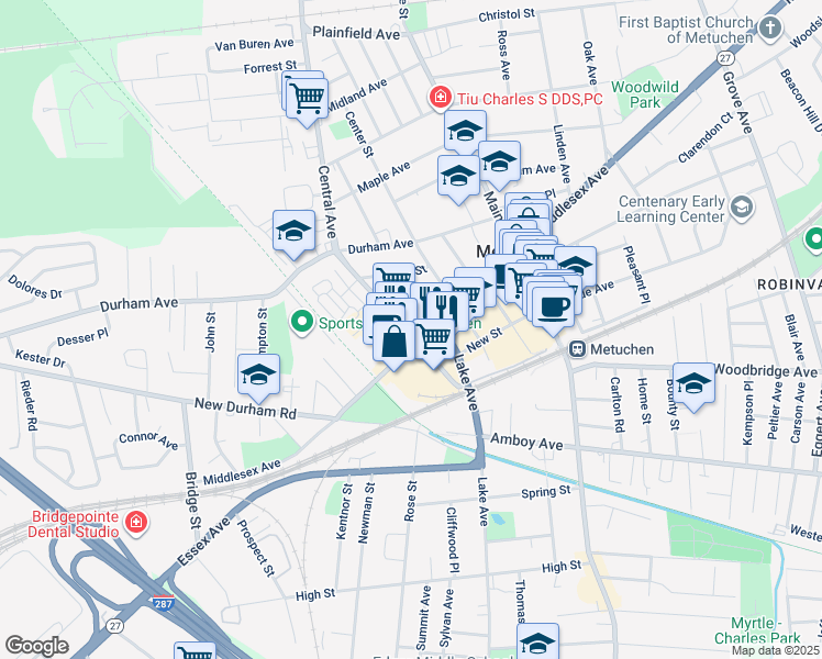 map of restaurants, bars, coffee shops, grocery stores, and more near 16 Franklin School Way in Metuchen