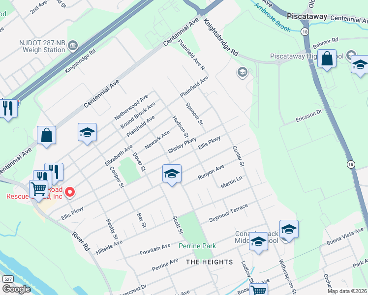 map of restaurants, bars, coffee shops, grocery stores, and more near 2708 Hudson Street in Piscataway