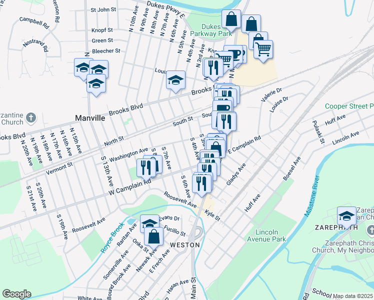 map of restaurants, bars, coffee shops, grocery stores, and more near 408 Washington Avenue in Manville