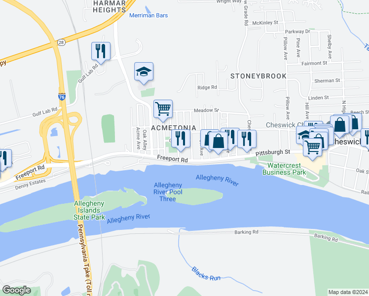 map of restaurants, bars, coffee shops, grocery stores, and more near 126 Jefferson Avenue in Cheswick