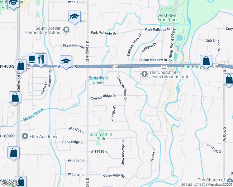 map of restaurants, bars, coffee shops, grocery stores, and more near 1172 Country Ridge Drive in South Jordan