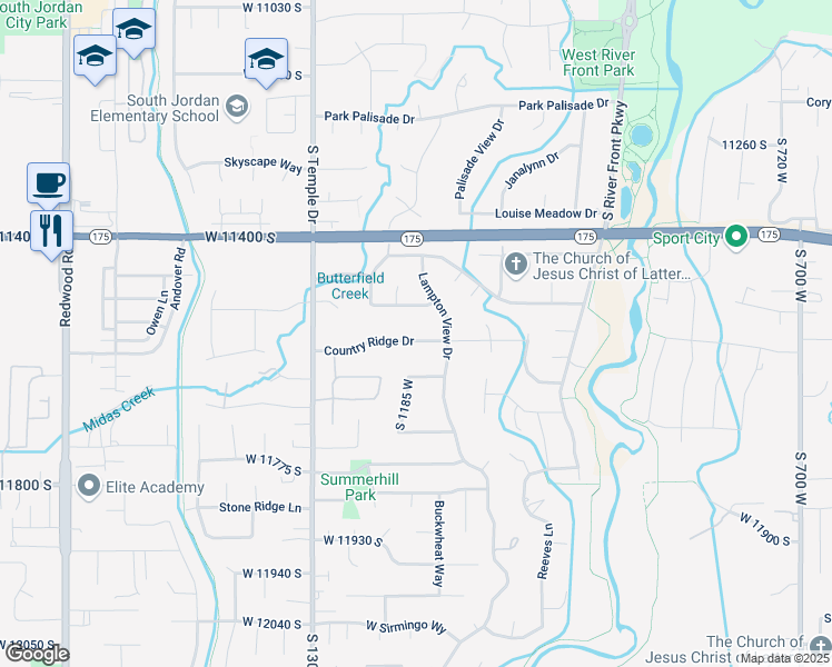map of restaurants, bars, coffee shops, grocery stores, and more near 1172 Country Ridge Drive in South Jordan