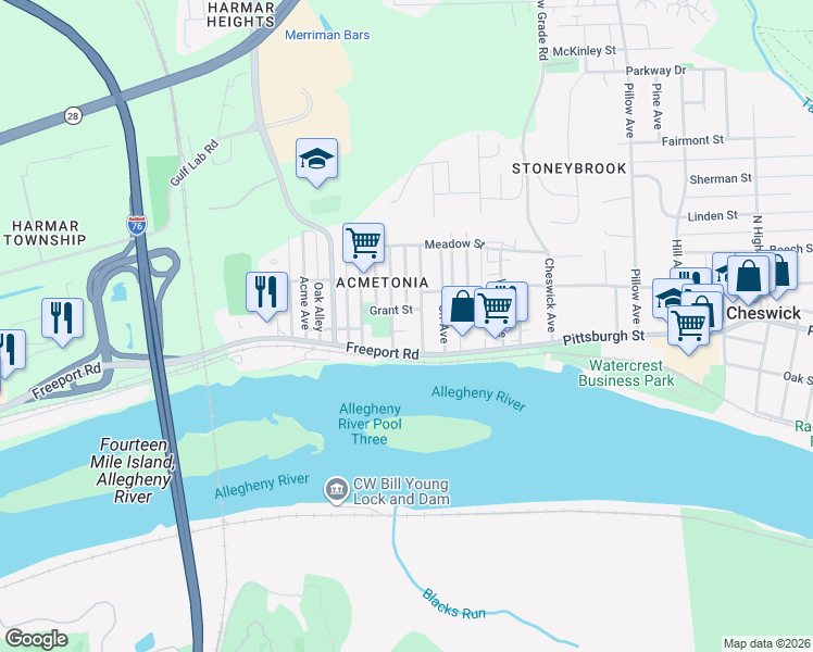 map of restaurants, bars, coffee shops, grocery stores, and more near 126 Jefferson Avenue in Cheswick