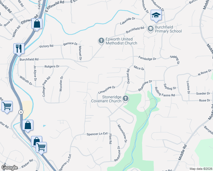 map of restaurants, bars, coffee shops, grocery stores, and more near 2832 Leo Road in Allegheny County