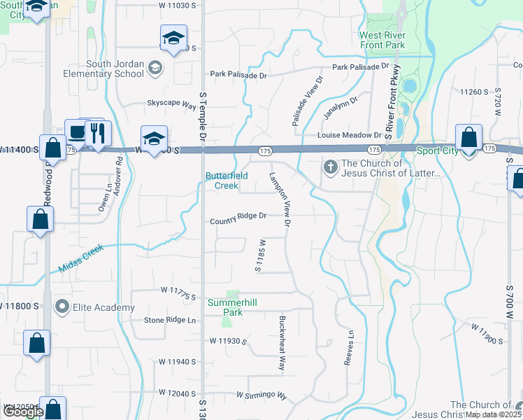 map of restaurants, bars, coffee shops, grocery stores, and more near 1182 Country Ridge Drive in South Jordan