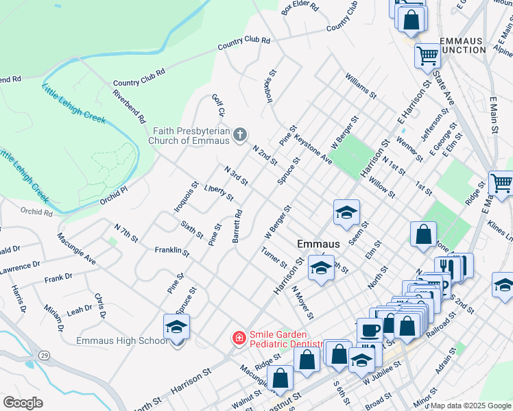 map of restaurants, bars, coffee shops, grocery stores, and more near 722 North 3rd Street in Emmaus