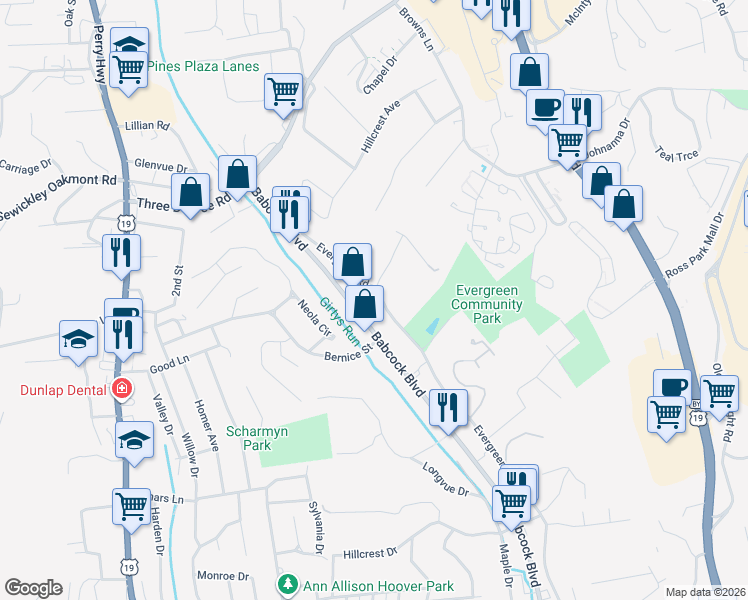 map of restaurants, bars, coffee shops, grocery stores, and more near 3454 Evergreen Road in Pittsburgh