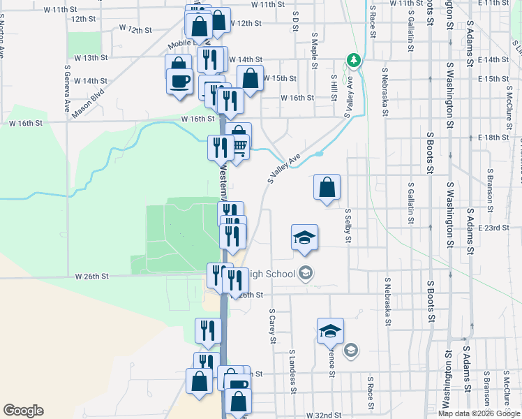 map of restaurants, bars, coffee shops, grocery stores, and more near 2401 South Carey Street in Marion